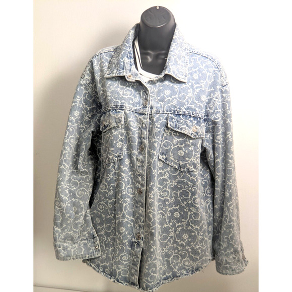 Womens Vintage Blue Denim Jean Floral Jacket STOOSH 90s Y2K Button Down Size L - Picture 3 of 13
